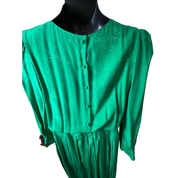 Green Silk Vtg Dress Sz 8 10 Maggy London Drop Waist Pleated 80's Puff Sleeve - Picture 10 of 12